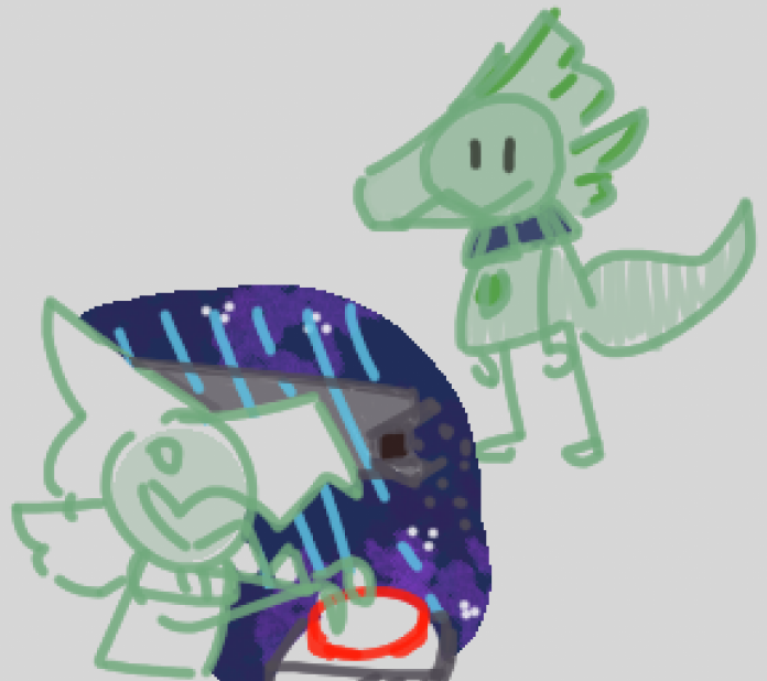 Two overlapping doodles of an aftik, a green raptorial creature. In one shot, they stand neutral and look at the viewer, wearing a blue striped scarf. In the other, they are pushing a button with a frenzied expression on their face, as an airlock opens in the background behind them.